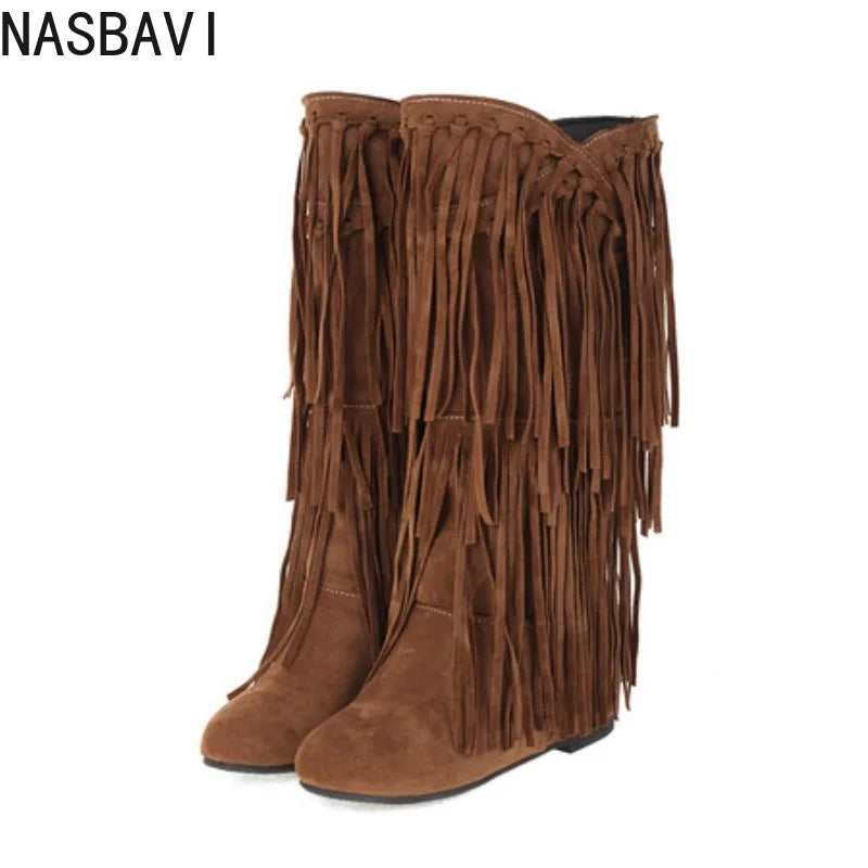 2025 New High Boots Women Bohemian Flock Tassle Mid-Calf Boots Wedge Booties Autumn Winter Ethnic Casual Shoes zapatos de mujer