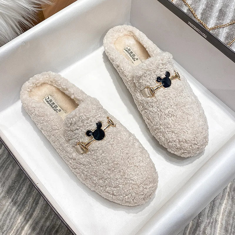 Winter Warm Plush Mules Women One Band Fur Slippers Cozy Cotton Shoes Woman Flats Cover Toe Fleeces Slides Femme Wool Pantuflas
