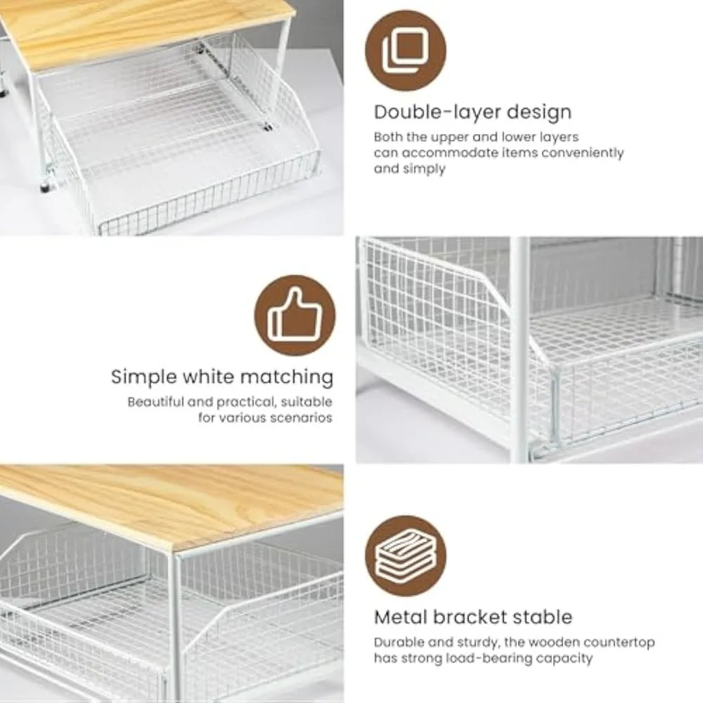 Double-Layer Kitchen Countertop Storage Rack Organizer with Drawers for Tableware Spices Coffee Condiments Space Saving