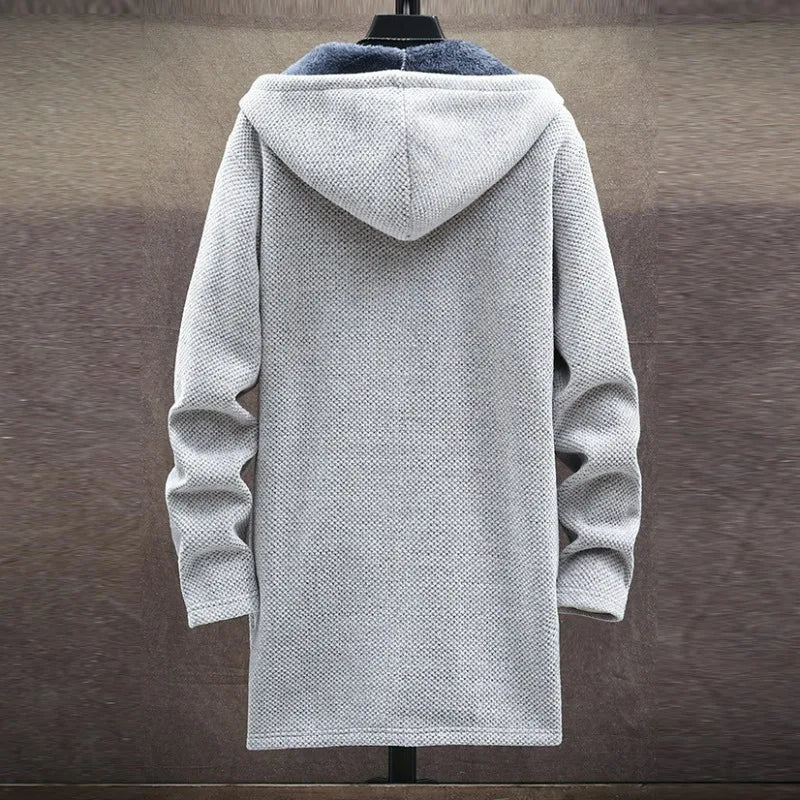 KIDWHXR 2026 Autumn Winter Men Fleece Cardigan Jacket Thicken Windproof Man Hooded Coat Mid Length Long Sleeve Male Sweater