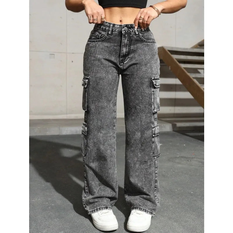 Womens Jeans Y2k Jeans High Waist Stretch Cargo Pants Multiple Pockets Casual Trousers For Ladies Fashion Retro Style