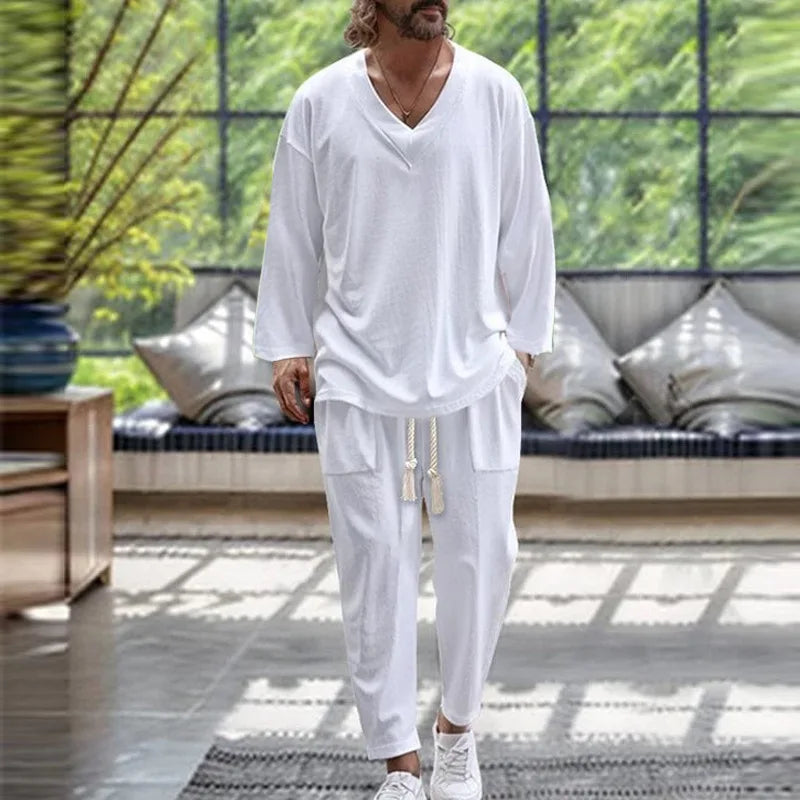 2026 Men Two Piece Sets Fashion Solid Tracksuits Summer Half Sleeve V-neck T-Shirt and Pants Loose Casual Outfit Male Streetwear