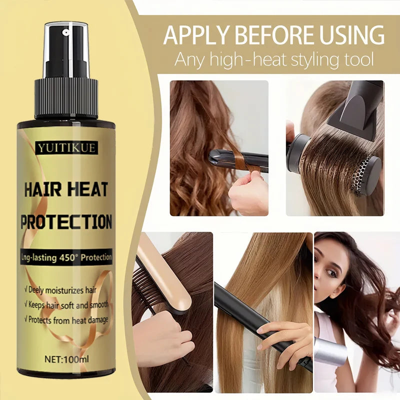 YUITIKUE Hair Heat Protection Spray 100ml - 450°F Shield, Repairs Damage, Deep Moisturizes & Smooths Hair