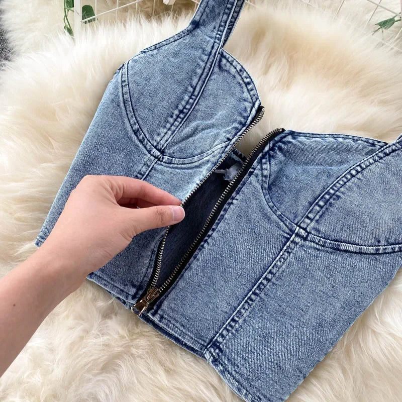 A New Hong Kong-style Sexy Denim Two-piece Set. Women's Summer Short Zipper Halter Vest High-waisted Denim Slit Half Body Skirt