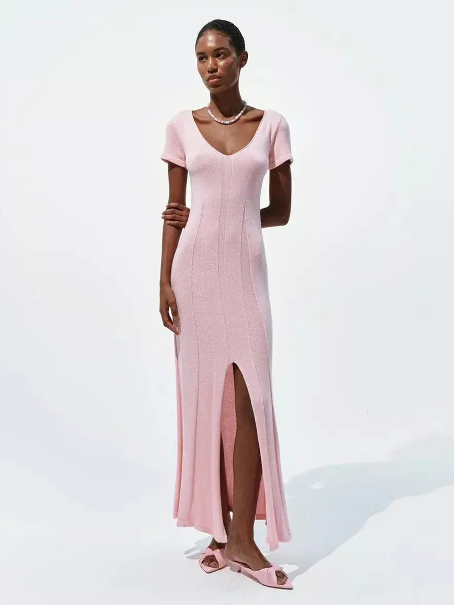 TARUXY Spring Summer Short-Sleeved Knitted Dress Women Solid V-Neck Slit Long Dress Slim Sexy Commuting Leisure Dress Female New