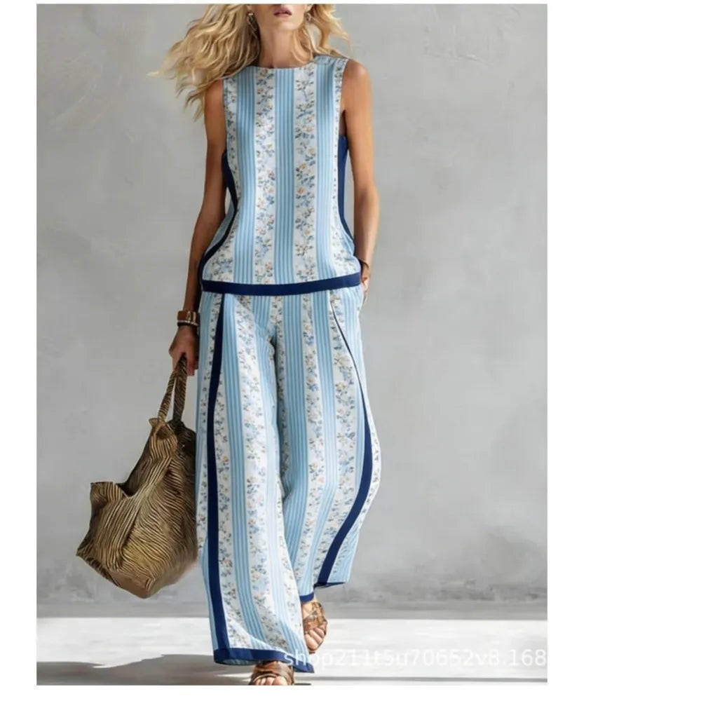 Fashion Retro Printed Sleeveless Tops Trousers 2-piece Set Women's Summer Casual Vest Loose Wide Leg Trousers Female Suit Pocket