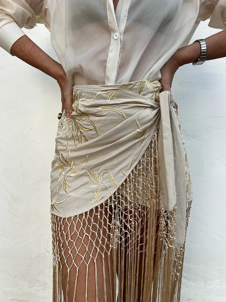 Vintage Embroidered Blouse Tie V Neck Cutout Patchwork Fringe Hem Puff Long Sleeve Tunic Cover Up Women's Relaxed Holiday Wear