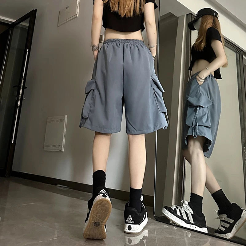 Gidyq Women High Waist Cargo Shorts American Style Streetwear Summer Wide Leg Pants Fashion Female Big Pocket Loose Shorts New