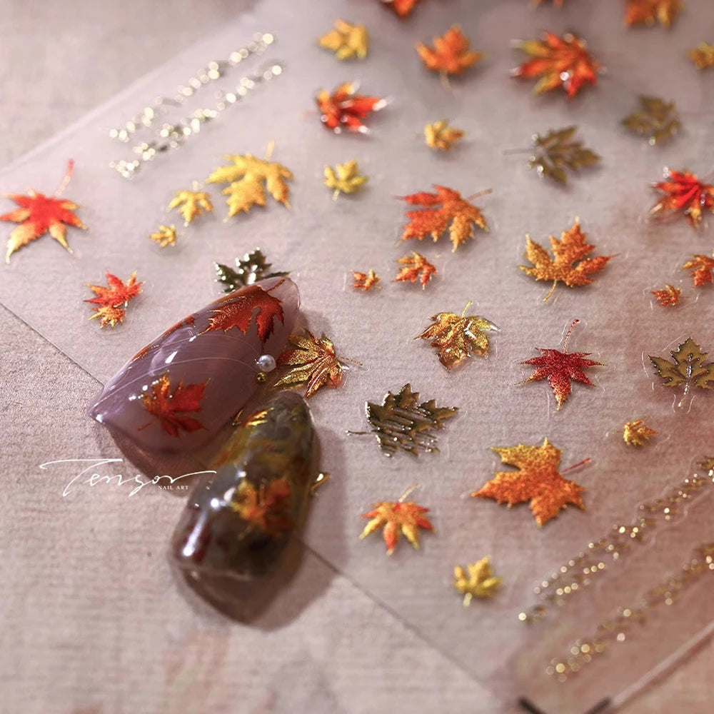 1pcs Autumn Gold Red Maple Leaf Nail Sticker 5D Embossed Jelly Maple Leaves Nail Decals Self-Adhesive Fall Leaf Nail Supplies ^5