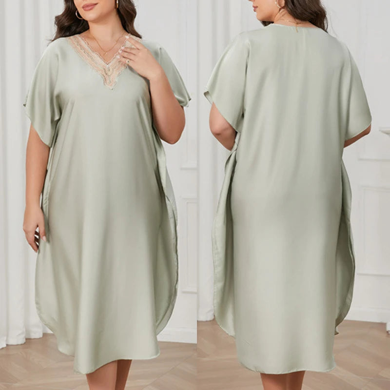 Sexy Lace V Neck Nightdress Women Night Dress Summer Short Sleeve Satin Sleepwear Loose Silky Long Nightgowns Overized