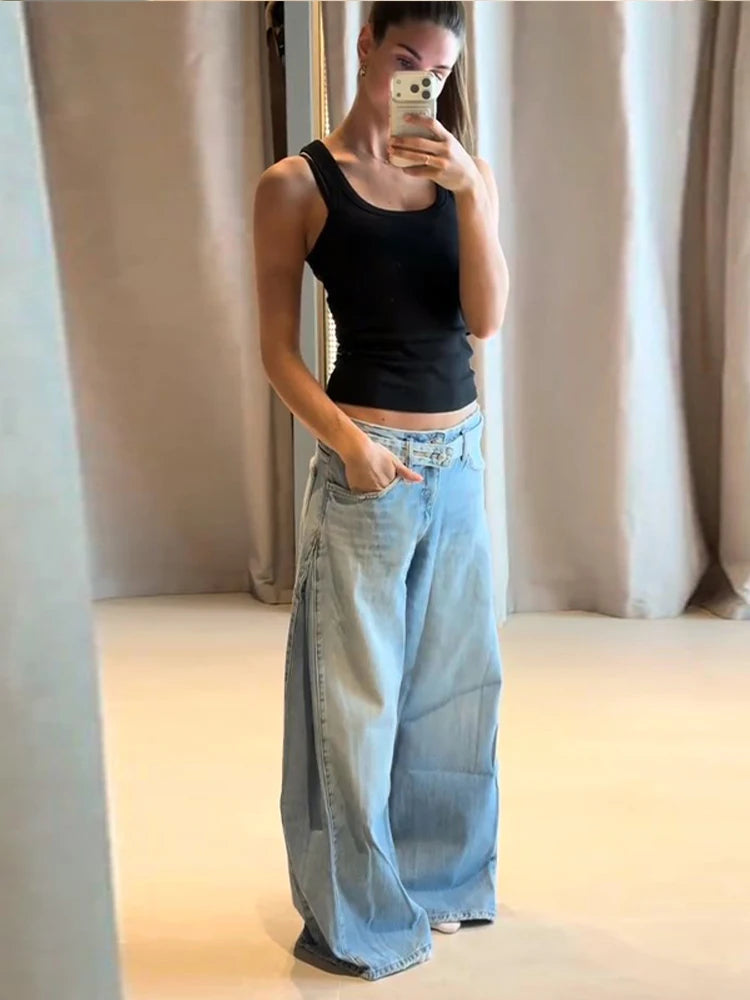 2026 Spring Low Waist Pleated Wide Leg Jeans Light Wash Raw Edge Double Waistband Casual Women Pants Trendy Y2K Lady Trousers