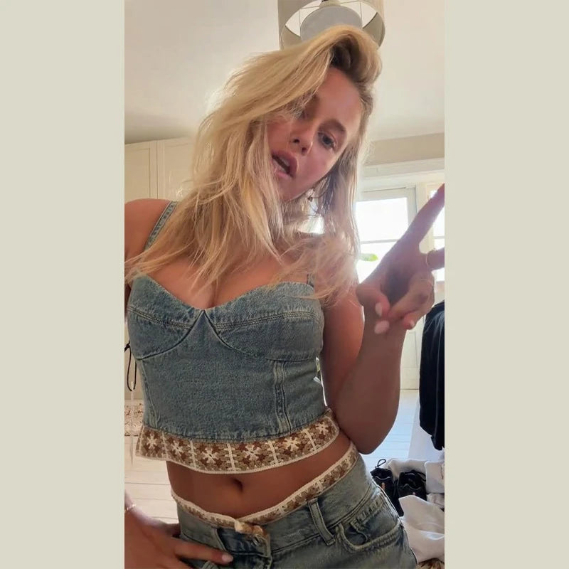 Crochet Splicing Cropped Top Jeans Set 2026 Summer New Ladies Sexy Backless Tank Top Straight Leg Denim Pants Women's Outfits