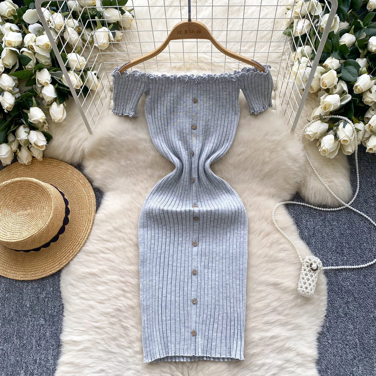 2025 New Pink Solid Button Front Spaghetti Dress Sexy Knit Slash Neck Mini Dress Bodycon Women's Clothing Outfits Ruffles