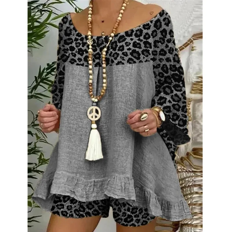 Linen Blouse Tops And Loose Shorts Suit Vintage Two Piece Set Print Sets Female Leopard Patchwork Outfit