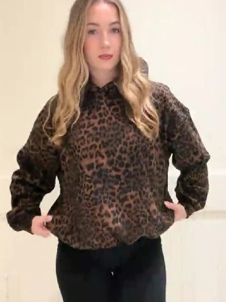 Vintage Chic Leopard Print Hoodie Casual Long Sleeve Loose Pullover Hooded Sweatshirts Lady Trendy Fashion High Street Outfit