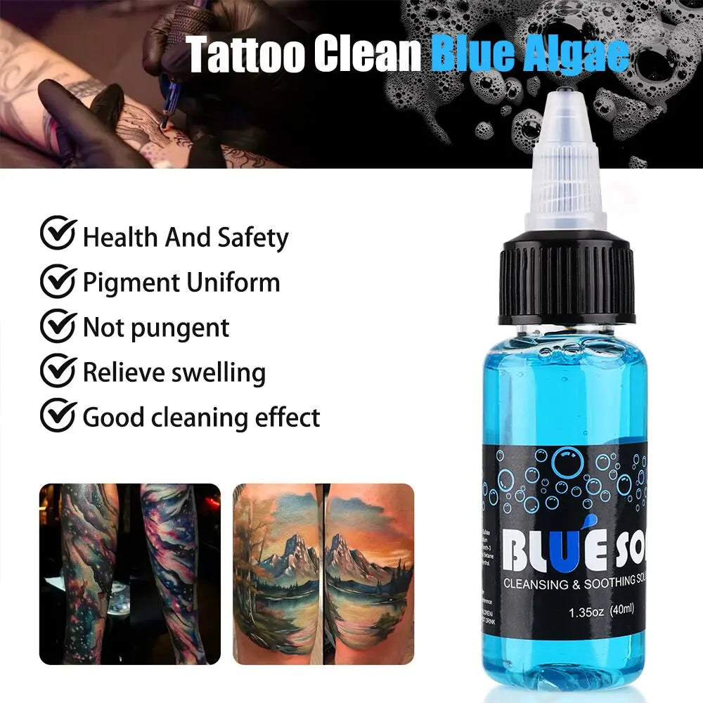 500/40ML Tattoo Blue Soap Cleaning Soothing Solution With Tattoo Foam Diffuser Bottle Blue Algae Soap and Bottle Cleaning Supply