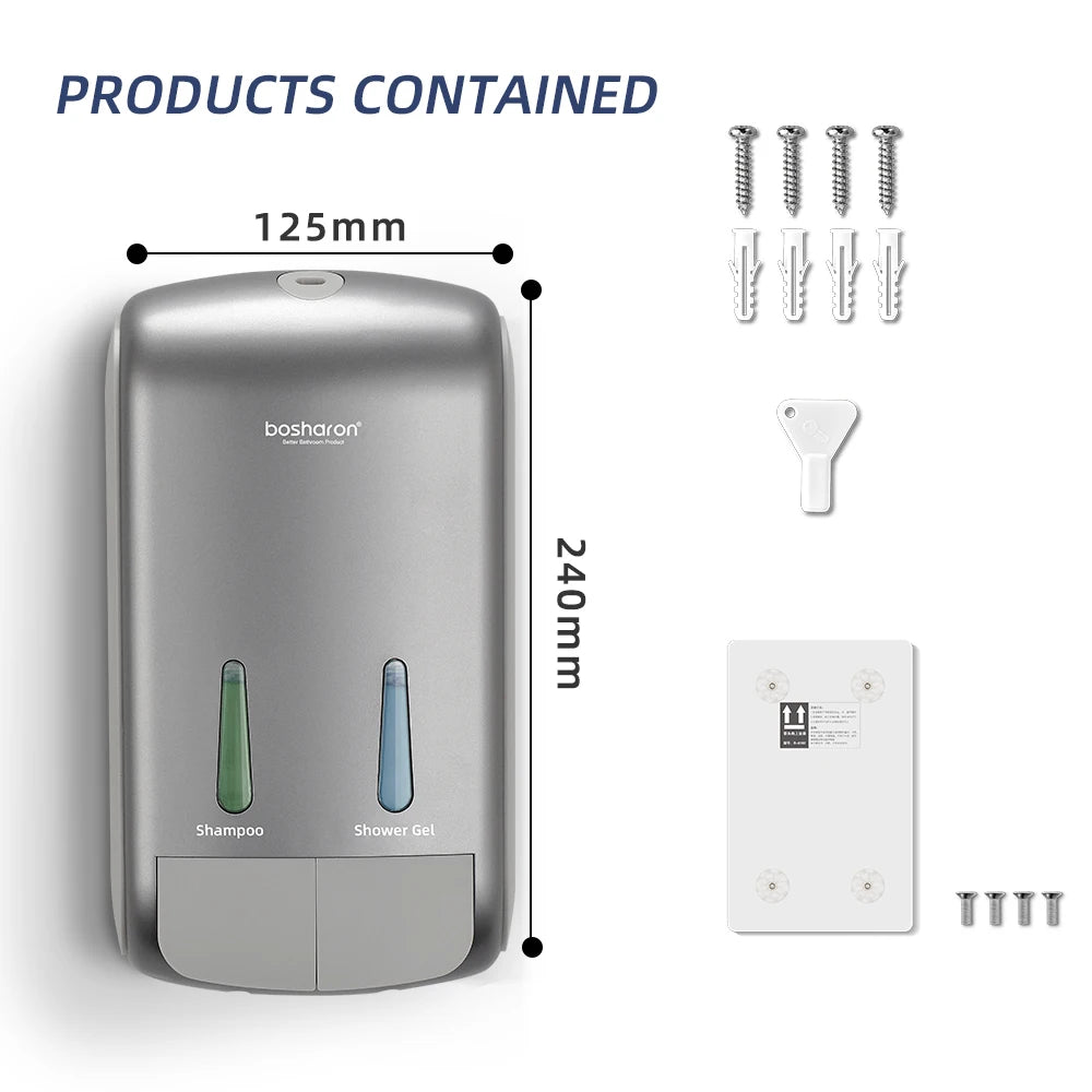 2-in-1 Shower Shampoo Soap Dispenser No Drill Wall-Mounted Shower Pump Soap Dispenser 2 Chamber Body Wash Dispenser for Bathroom