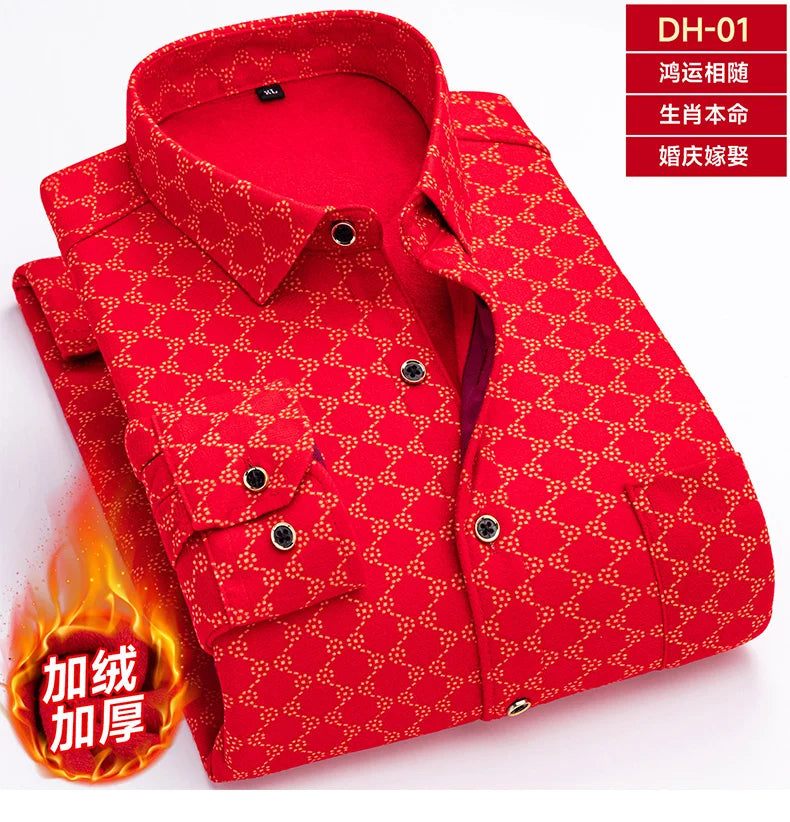Men's long-sleeved shirt in Chinese red with fleece and thickened texture, warm and casual, comfortable and versatile for winter