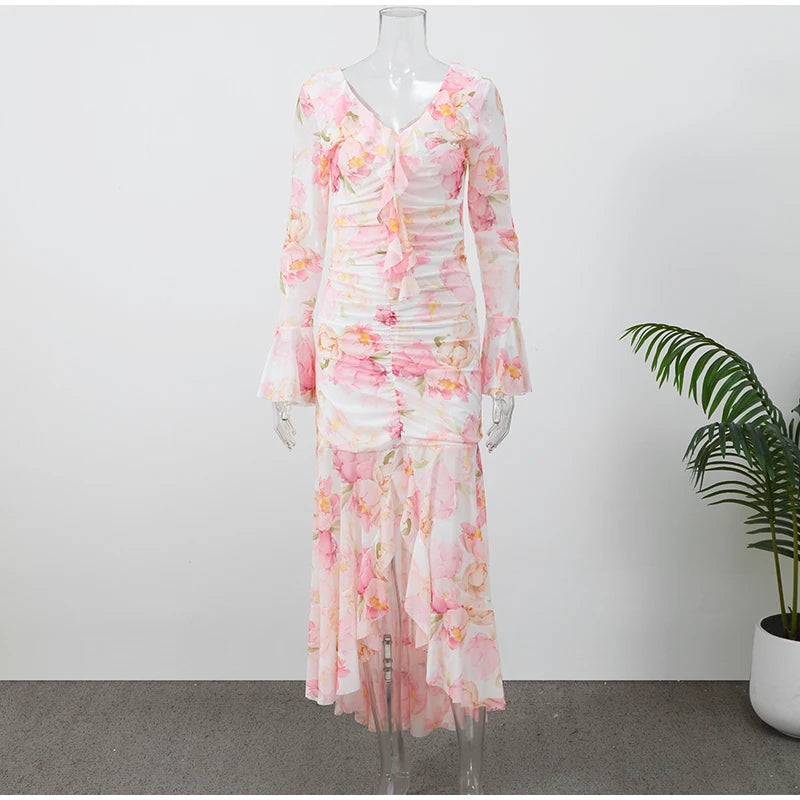 Women Pink Floral Print Maxi Dress Elegant V Neck Ruffle Trim Flare Sleeve Ruched High Chiffon Dresses 2026 Lady Party Vestido