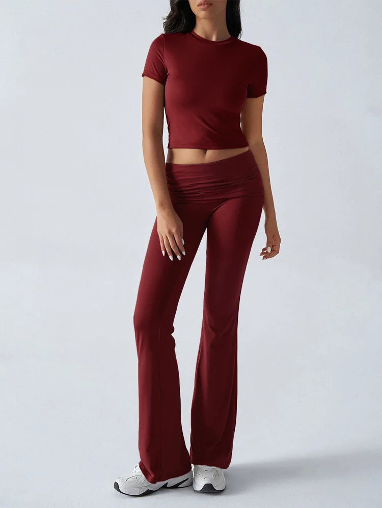 Women's Sexy Tops Suits 2026 Summer Latest Casual Solid Color Yoga Suit Slim Fit Sports Short Sleeved Pants Two-Piece Set Outfit