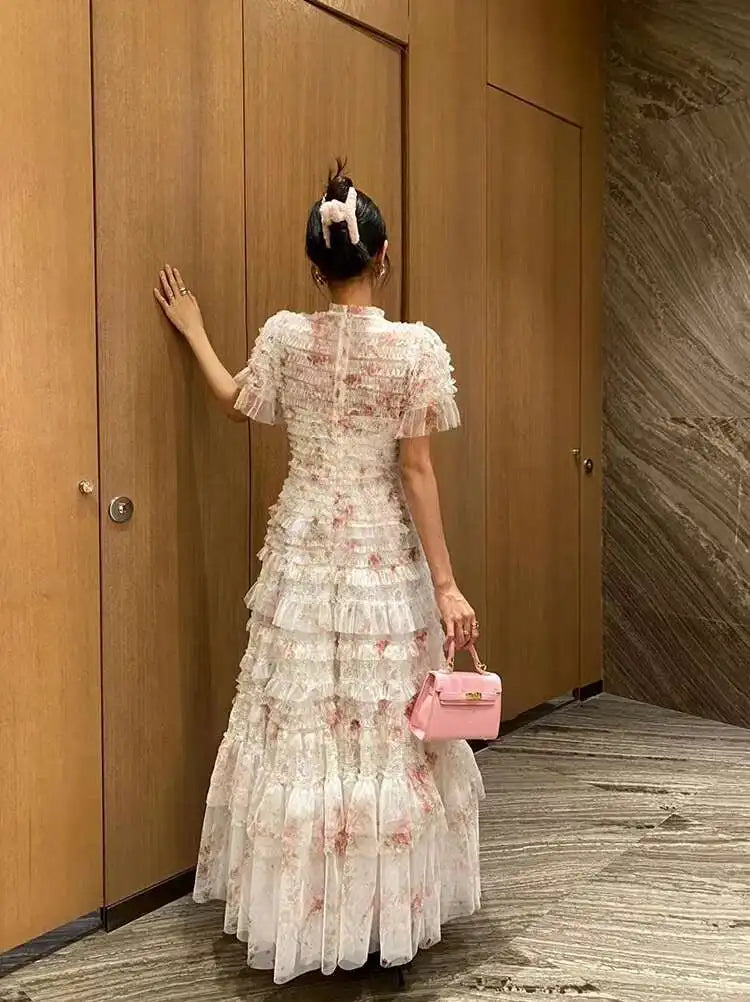 Eshin Elegant Midi Dress Short Sleeve Summer Spring New Fashion Design Women Runway Mesh Ruffles V-Neck Party High Street TH6731