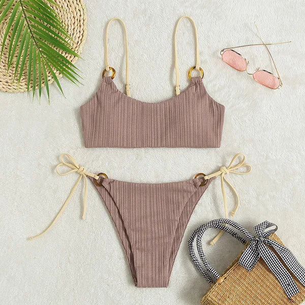 Sexy Ribbed Bikini for Women, Push Up Swimwear, Female Bikinis Set, Beachwear with Straps, Brazilian Bathing Suits, Swimsuits