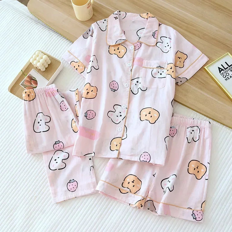 Three-piece Japanese-style pajamas women spring and summer autumn 100% cotton gauze short-sleeved shorts trousers summer suit ho