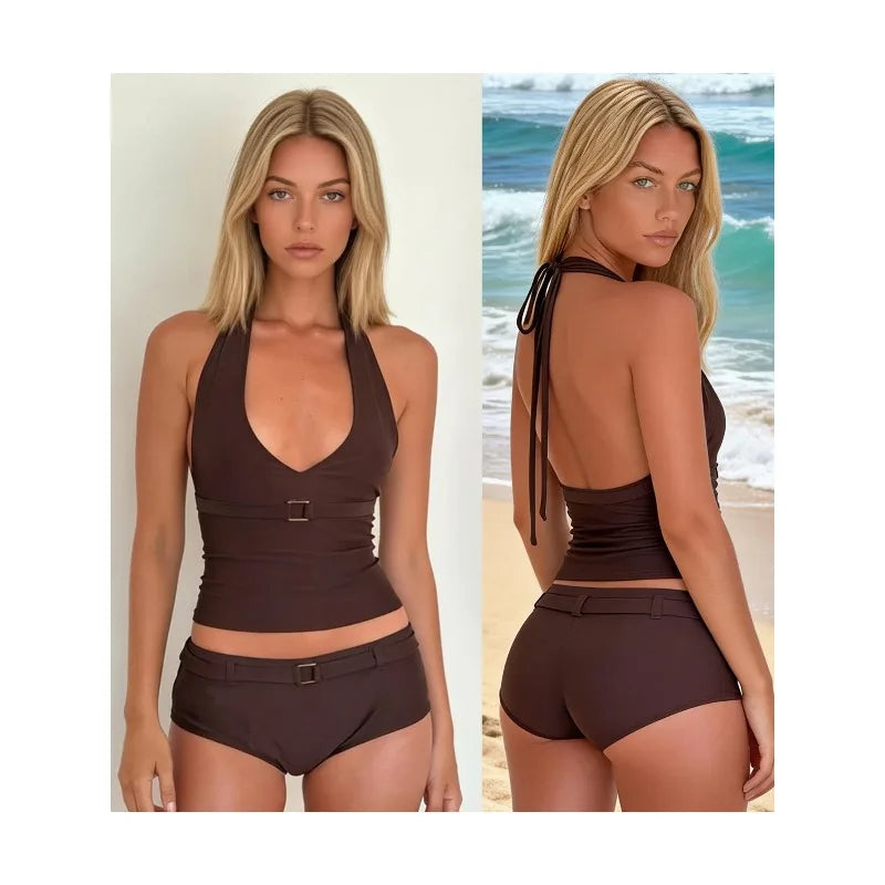 Summer Women 2Pcs Bathing Suit Bikini Sexy Tankini Swimsuit Set Solid Halter Tops With Micro Shorts Female Swimwear Beachwear