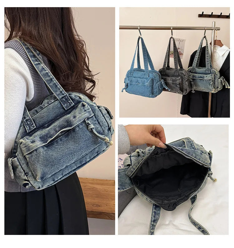 Trendy Vintage Denim Top Handle Bag Women Fashion Spring Shoulder Bag Casual Comfortable and Versatile Texture Storage Bag