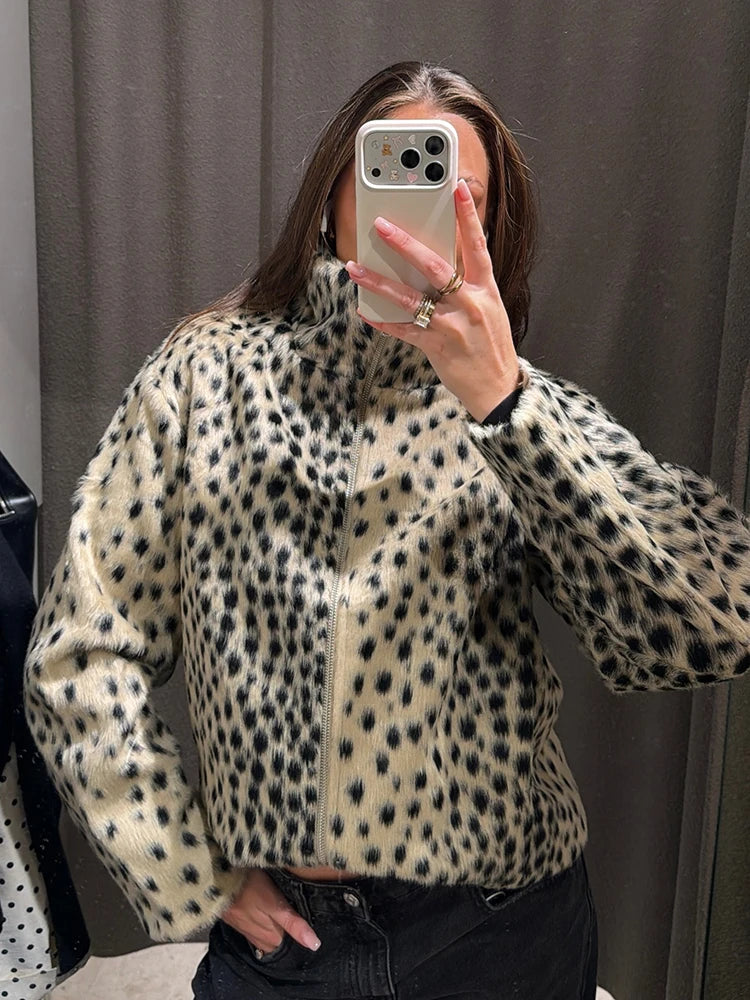 Women Leopard Print Faux Fur Jacket Zip Up Stand Collar Cropped Loose Fit Fuzzy Coat Vintage Street Casual Ladies Outerwear