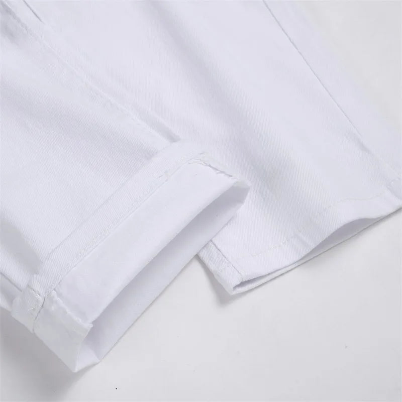 Skinny Stretch Ripped Jeans Men's Distressed Kpop Slim Fit Denim Pants American Street Style Rock Hip Hop White Black Trousers
