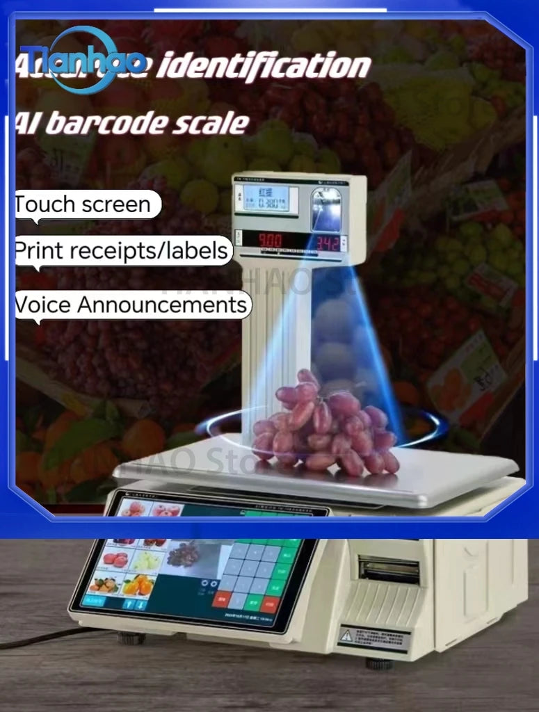 Dual Touch Screen Long Fly Label Scale Digital Weighing POS Terminal Android AI Identify Label Scale for Supermarket