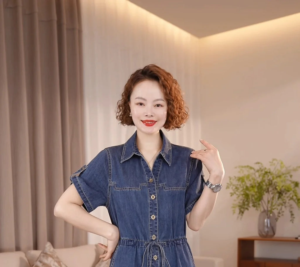Denim Dress For women Summer 2026 New Female Single Breasted Short sleeved Slim Temperament Casual Dresses With pockets