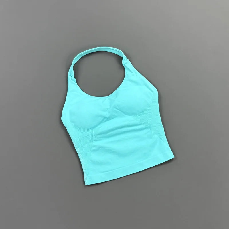 HISTELLO Impact Halter Top Women Gym Clothing Backless Seamless Sports Yoga Vest Running Fitness Workout Sleeveless Tank Top