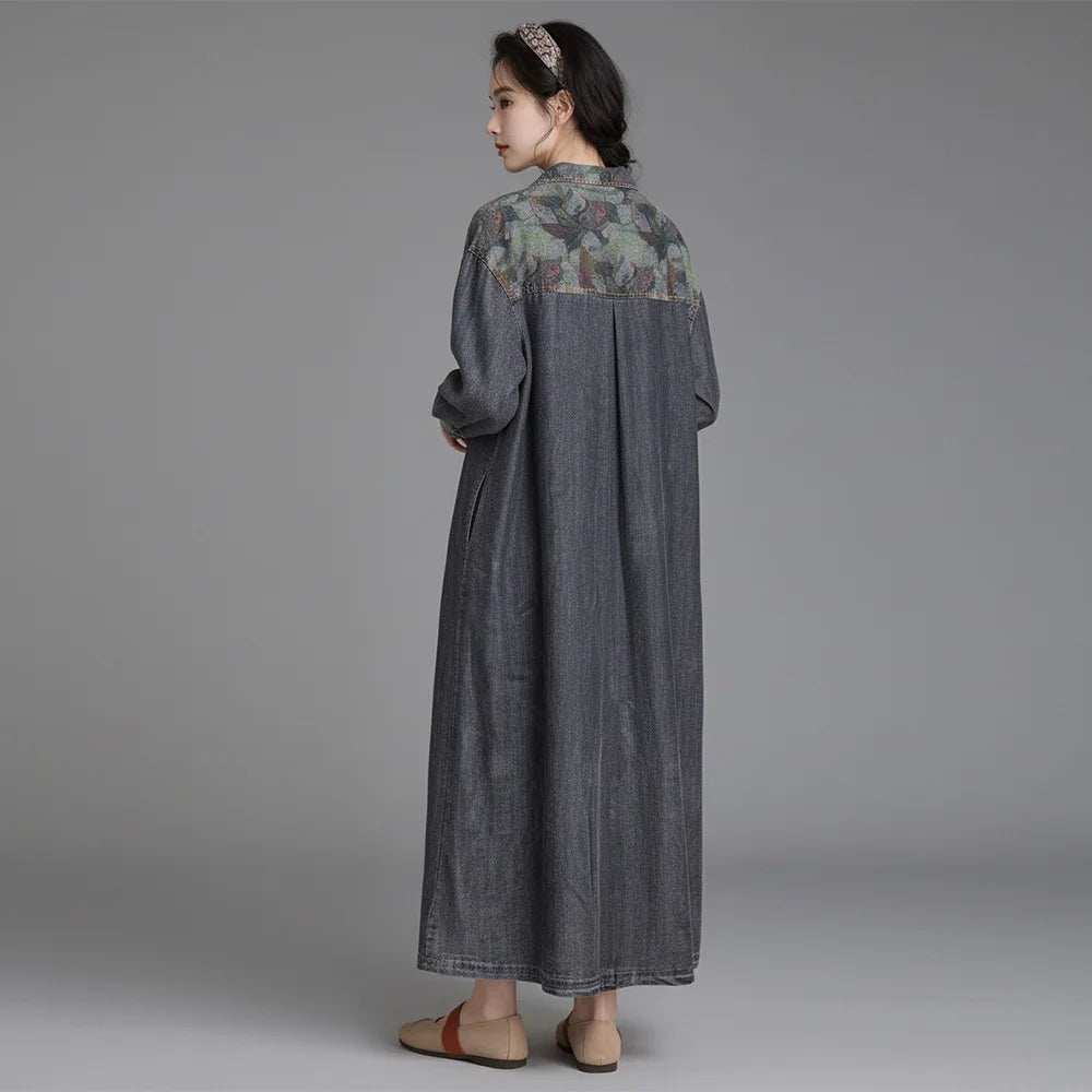 Johnature Women Vintage Denim Cotton Dress 2026 Spring New Turn-down Collar Long Sleeve Button Patchwork Pockets A-Line Dress