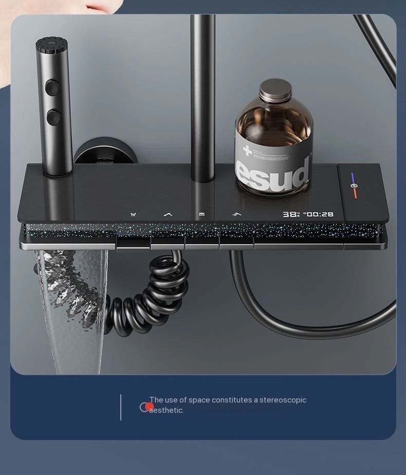 Gray Piano Button Ambient Light Bathroom Shower Full Set Digital Display Shower System Sets Rain Faucets Shower Head