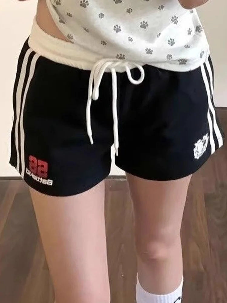 Casual Spicy Girl Striped Printed Drawstring Loose Shorts for Women, Korean Casual Versatile High Waisted Hot Pants for Summer