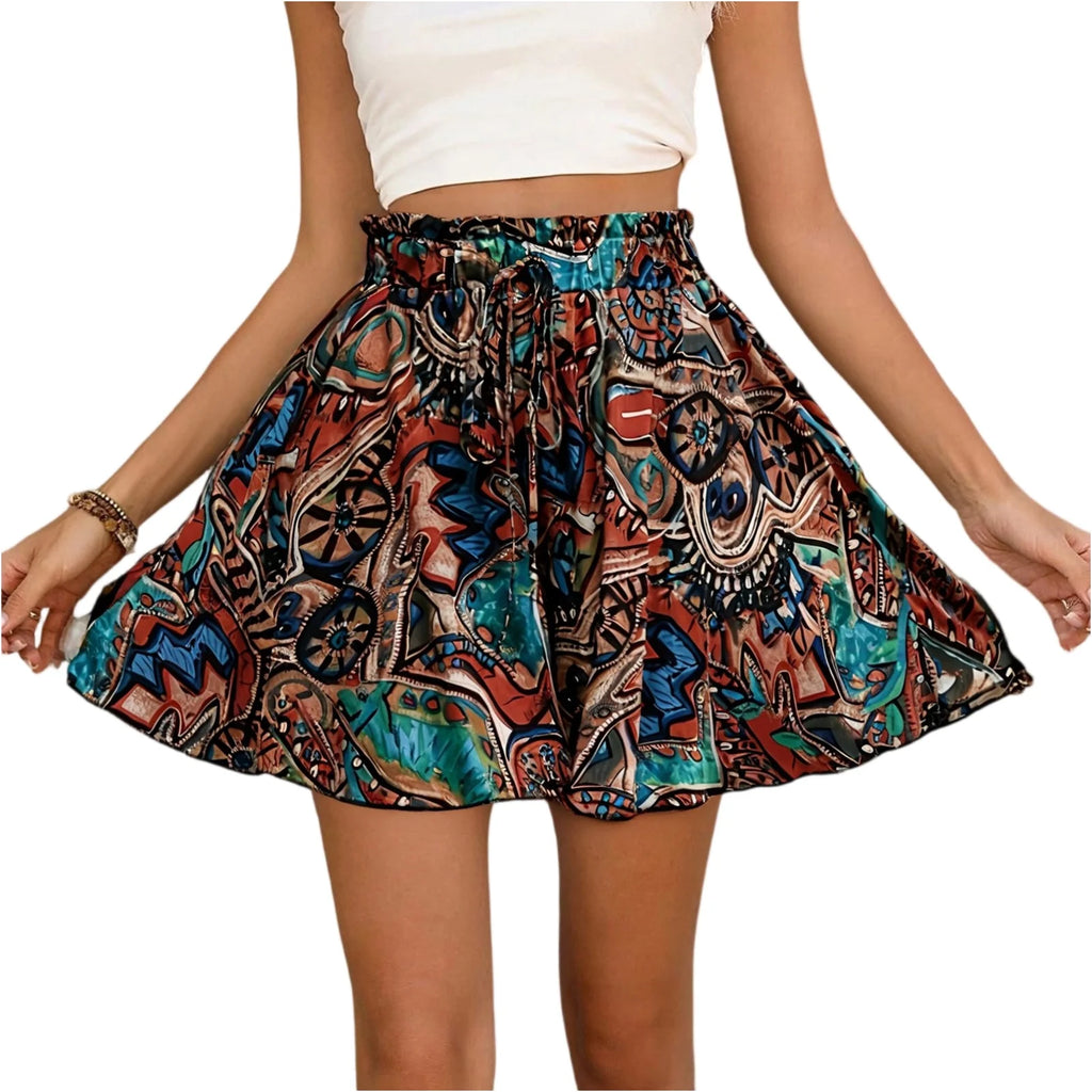 Women's Bohemian shorts high waist drawstring loose shorts lightweight comfortable beach shorts print wide leg short pants