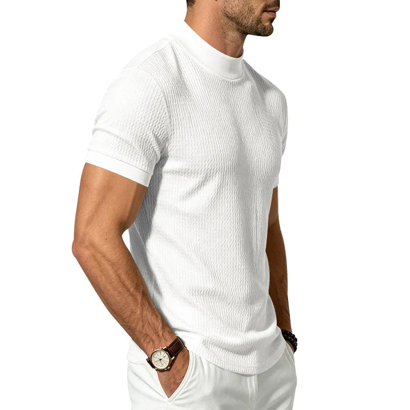 Men Summer Solid Jacquard Textured Mock Neck Short Sleeve T Shirt Slim Fit Simple Versatile Casual Daily Male Basic Tees
