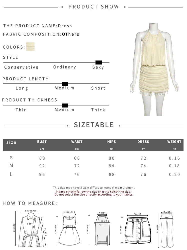 Weird Puss Sexy Mesh Patchwork Mini Dress Women Lace-Up Halter Backless Pearl Tassel Ruched Elegant Midnight Club Party Outfits
