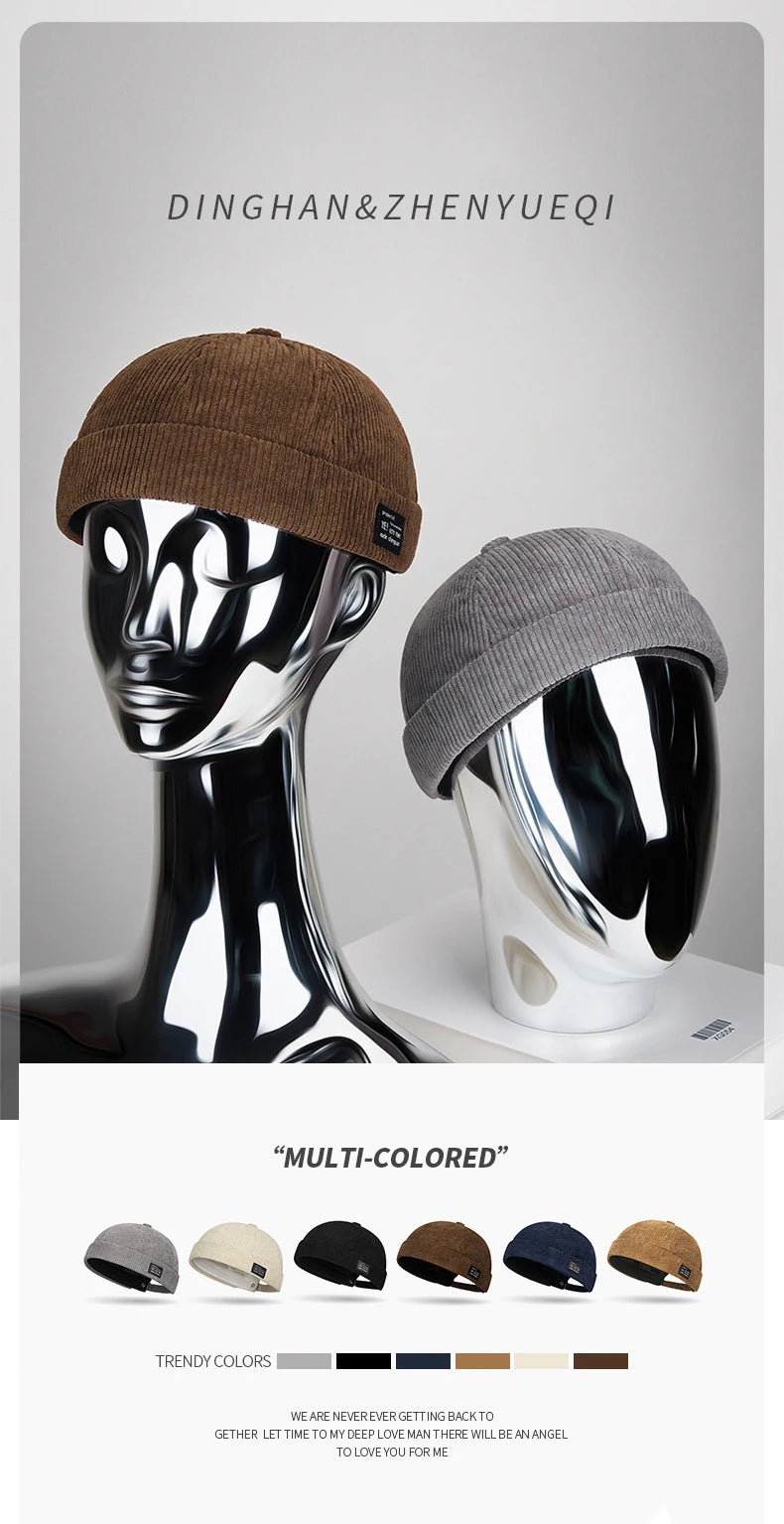 Autumn and winter corduroy brimless casual hat, personalized yuppie hat, men's and women's striped velvet melon skin hat