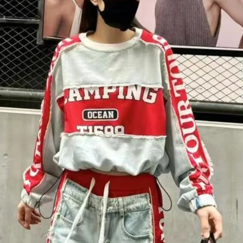ANJY Autumn Women European Trendy Street Denim T-Shirt Personalized Letter Print Drawstring O-Neck Long Sleeve Sweatshirt A10809
