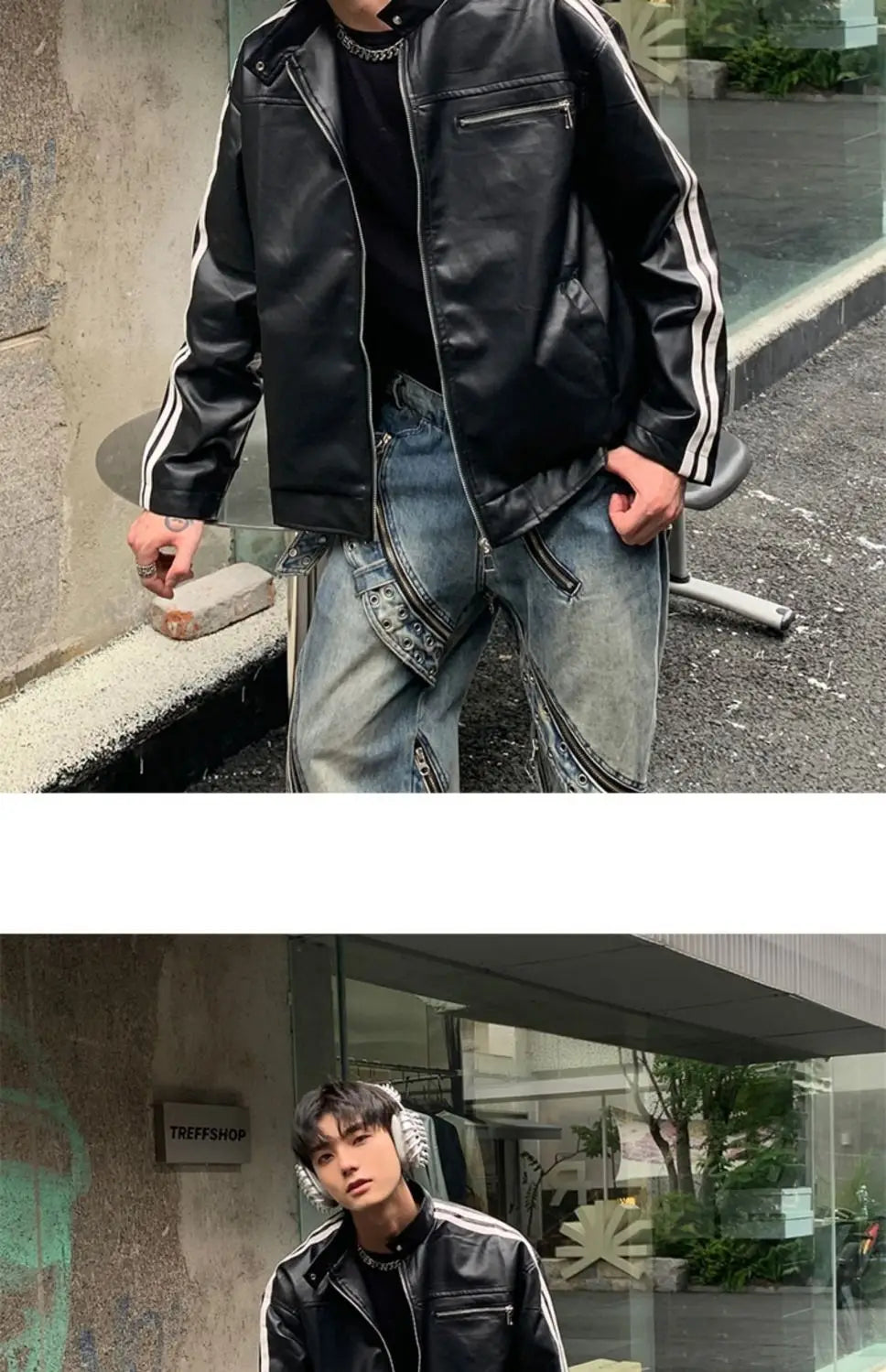 Youth Men's Biker Jacket Patchwork Stripes PU Leather Coat Stand Collar Zipper Long Sleeve Loose Fit Spring Autumn