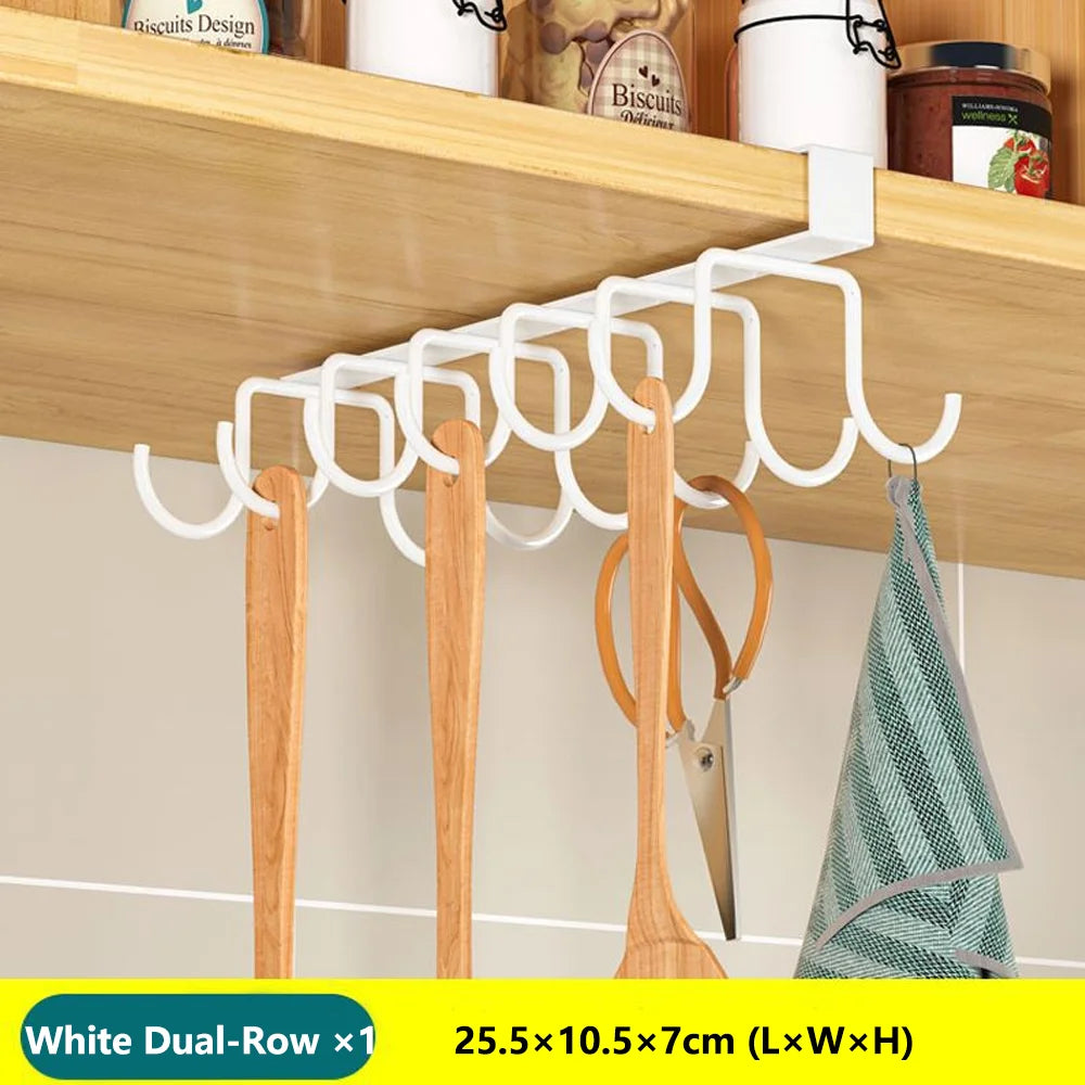 Kitchen Under Cabinet Hanging Organizer Rack with Hooks Multi-Purpose Holder for Paper Towel Cutting Board & Pot Lids