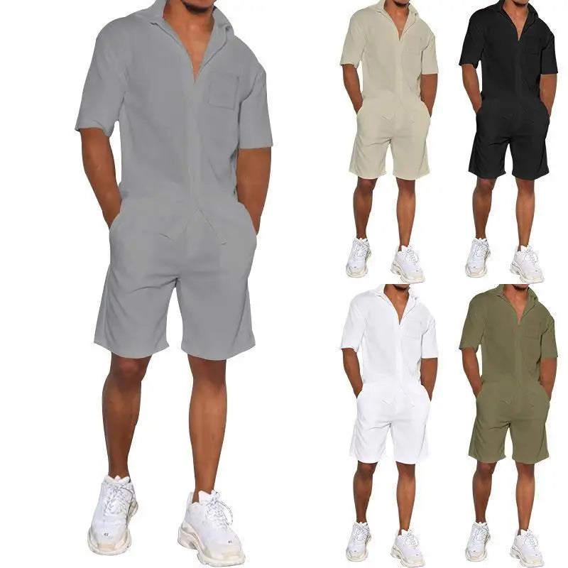 2026 Men's Summer Solid Casual Sets Comfy Cotton Linen Short Sleeve Lapel Shirt and Shorts Two Piece Sets Men Loose Sport Outfit