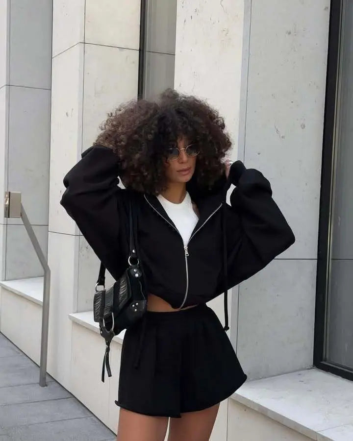 Women's Outfit Long-Sleeve Hooded Drawstring Sweatshirt Shorts Set Two-Piece Sets Sports Suit Sportswear Streetwear Trendy