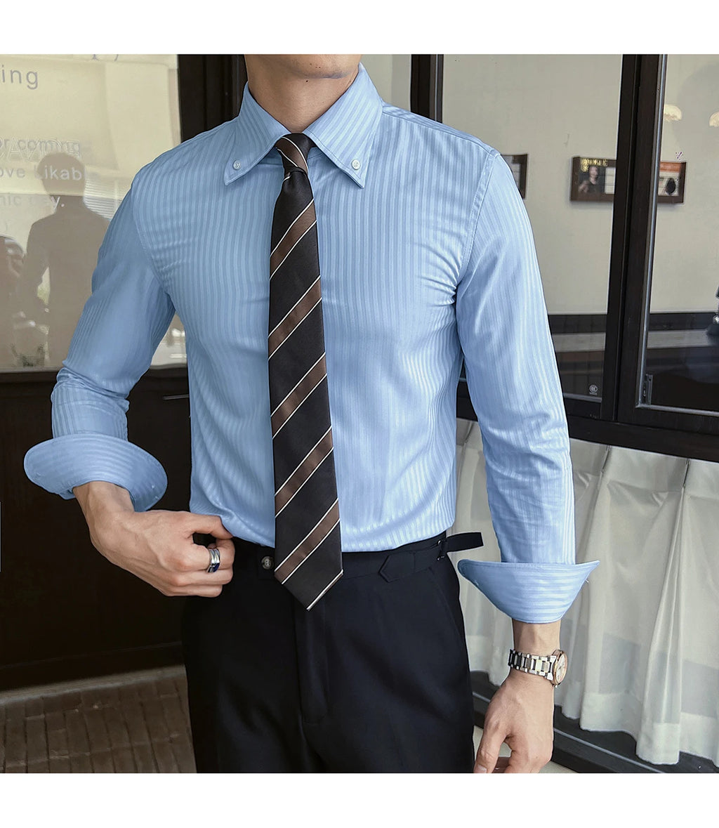 High-quality autumn men's new long-sleeve dark striped slim-fit shirt business casual formal workwear M-4XL