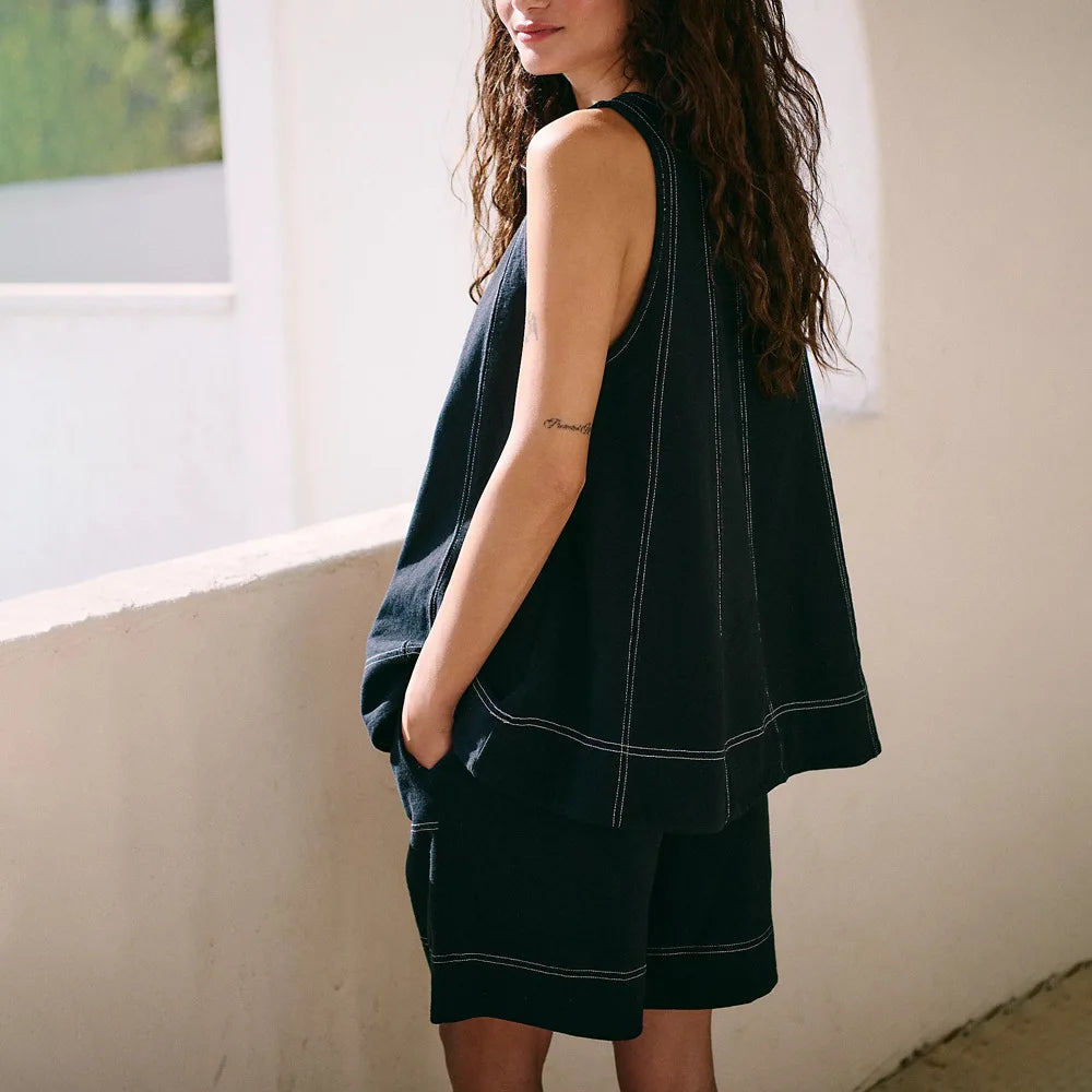 Women Vintage Denim Tops Pant Sets Two 2 Pieces Sets A-Line Tank Cami Sleeveless Shorts Pockets Retro Jeans High Street Outfits