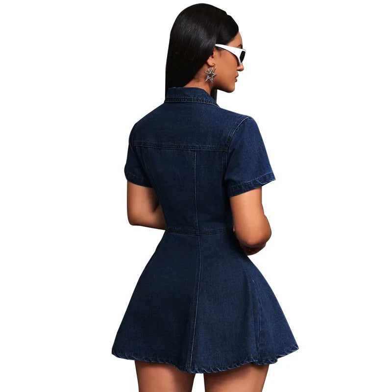 GLCMYAYA Fashion Vintage Women Street Denim Mini Dress 2025 Fall Short Sleeve Single-breasted Sexy Party A-Line Dresses Vestidos