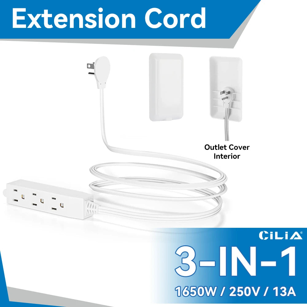 3 FT Extension Cord Power Strip with 3 AC Outlet 3 Prong Plug Extender, Cover Plate, Wire Splitter 16AWG, Standard Grounding, UL